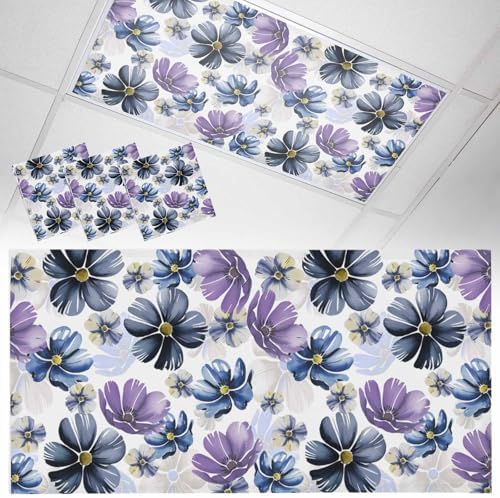 Ombre Purple Flower Magnetic Fluorescent Light Covers for Ceiling Lights 2 x 4 Feet,Watercolor Blue Green Country Floral Office Classroom Kitchen Drop Ceiling Light Covers Filters Shade Panel 3 Packs
