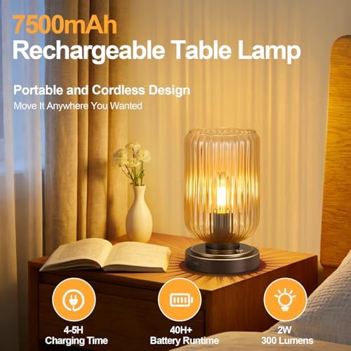LightRound Cordless Table Lamp for Bedroom, Touch Stepless Dimmable Modern