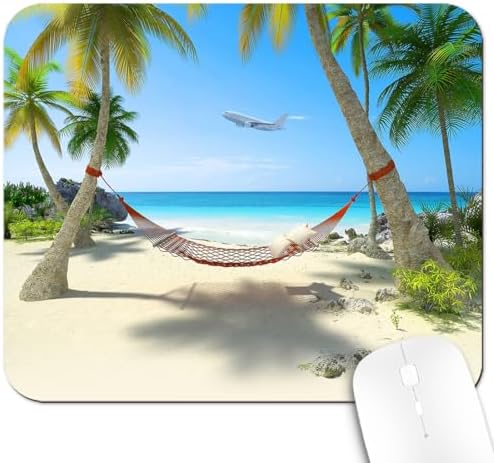 9.5x7.9 Inch Office/Gaming Mouse Pad, Tropical Vacation Beach Paradise Palm Tree Island Hammock, Cute Anti-Slip Mat for Desk Decor