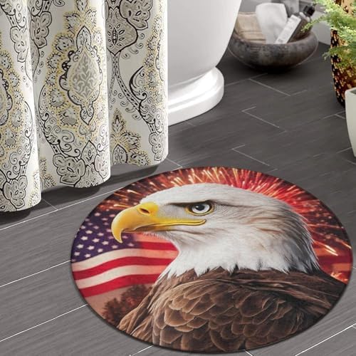 Large Round Area Rug Home Decor Modern Bathroom Rug Kitchen Office Circle Rug for Living Room Sofa Circle Cute Mat Bald Eagle American Flag Fireworks Art, 36inch