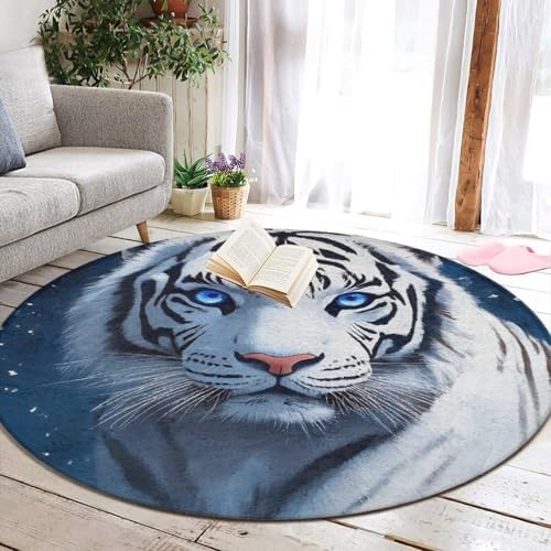 Fashion Round Area Rug Large Non Slip Carpet Unisex Home Decor Mat White Tiger Moon Starry Sky