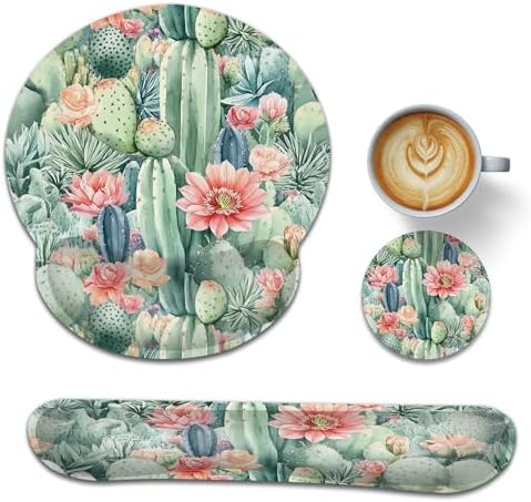 Ergonomic Keyboard and Mouse Wrist Rest Set, Cactus Flower Succulent Plant Mouse Pad with Non Slip Base, Soft Cloth Surface for Office and Home Typing Support