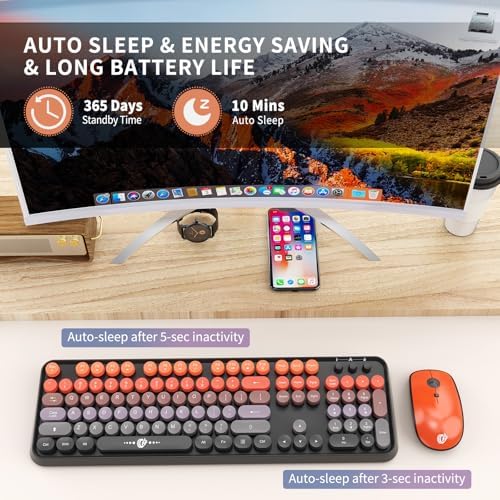 Orange Wireless Keyboard and Mouse Combo,Retro Round Keys, for PC Laptop