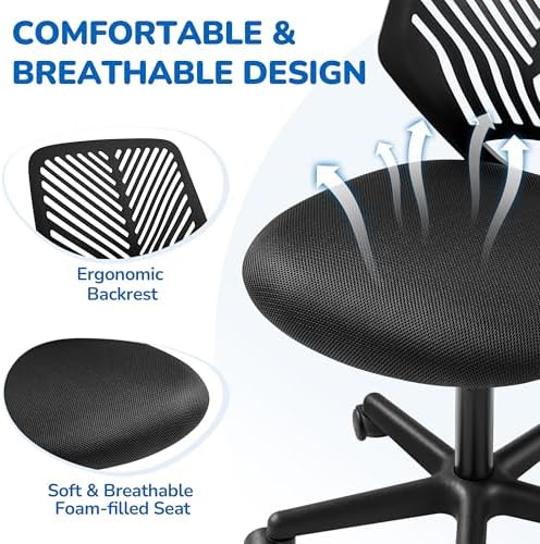 Yaheetech Small Desk Chair, Armless Adjustable Swivel Seat, Black