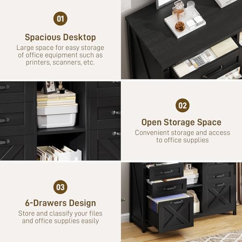 Halitaa Farmhouse Lateral File Cabinet with 6 Drawers, Rustic Black