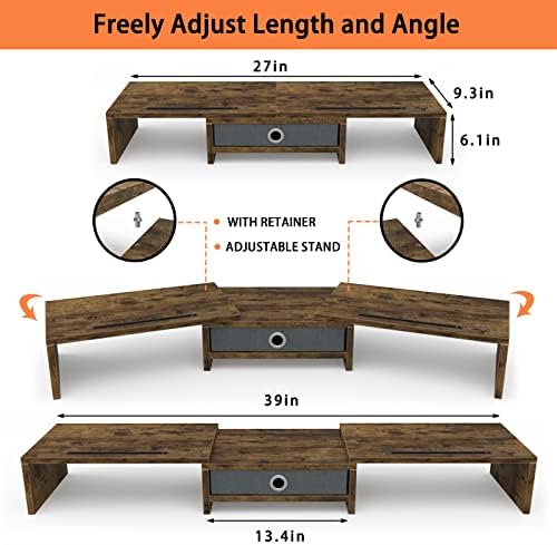 WESTREE Dual Monitor Stand Riser with Drawer, Monitor Stand Riser for 2 Monitors, Adjustable Length and Angle, 2 Solts for Phone & Tablet, Desktop Organizer Stand for Computer/Laptop/PC/Printer