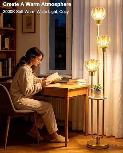 Lightdot Lotus Glass Floor Lamp with Shelf Amber Flower Gold Floor Lamps