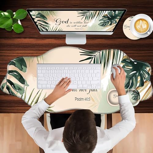 Mouse Pad with Wrist Support + Desk Mat + Coaster 3 in 1 Set, XXL Large Gaming Mousepad Ergonomic Mouse Pads for Desk Computer Laptop Office,Matcha Green Plant Abstract Bible Verse Psalm 46-5