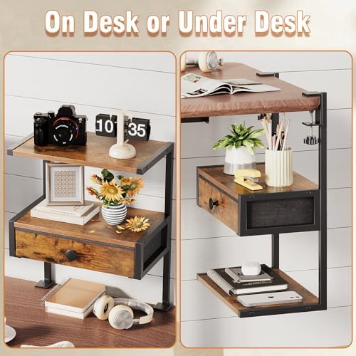 VENNQD Clamp On Desk Shelf, 2-Tier Desktop Organizer, Wood Desktop Supplies Tabletop Book Storage Rack with Adjustable Shelves for Table Working and Gaming Accessories, Rustic Brown