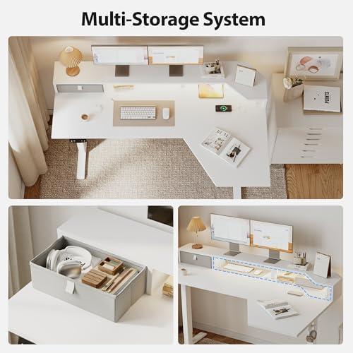Agilestic 63*35 Inch L Shaped Standing Desk with Shelf & Led& Outlet, White