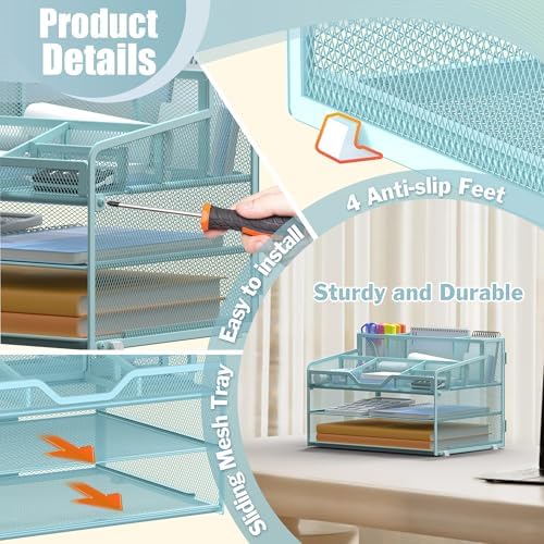 Docnest 3 Tier Mesh Desk Organizer with Letter Tray & Paper Sorter, Blue
