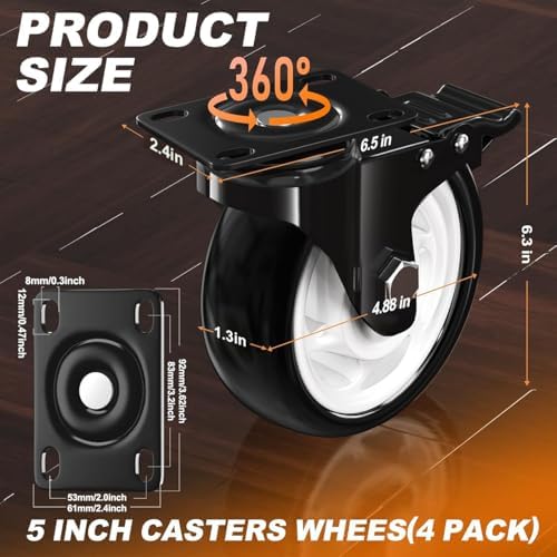 QNCZ 5 Inch Caster Wheel with Dual Brake, Heavy Duty, Silent, Set of 4