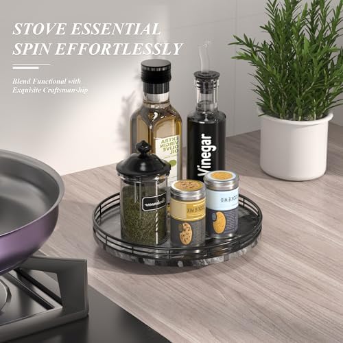 AMH 10-Inch Ancient Wood-Grain Marble Lazy Susan with Black Iron Frame
