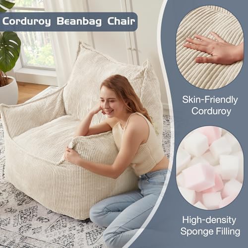 EBENCHICO Giant Bean Bag Chair for Adults, Corduroy Large Bean Bag Chairs for Teens with Armrests, Comfy Adult BeanBag Chair Sofa Couch with Filler Included for Bedroom Living Room