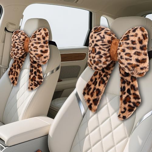 2 Pack Bow Car Headrest Pillow Comfortable Soft Plush Head Rest Cushion, Neck Pillow for Driving Office Use and Car Interior Decoration (Leopard)
