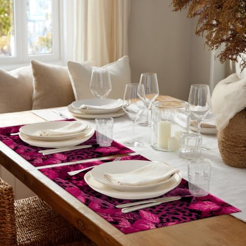Shrahala Cute Leopard Placemats, Amaranth Leaves Pink and Black Table Mat Linen Burlap Washable Double-Deck Heat Insulation for Dining/Kitchen Table Set of 8 (12 X 18 Inch)