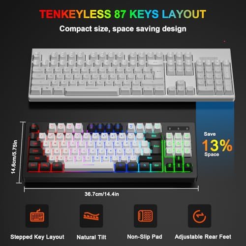 BlueFinger Wireless Gaming Keyboard and Mouse Combo, RGB Rainbow Backlit Rechargeable Battery, 87 Keys TKL Light Up Keyboard with Ergonomic Gaming Mouse for Mac Laptop Computer PC Gamer(Black & White)