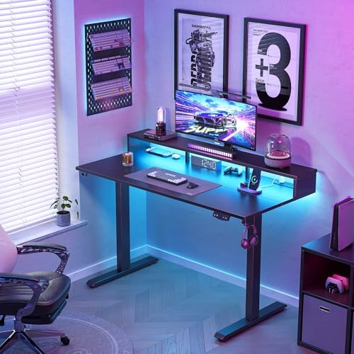 Klicelor Electric Standing Desk with Shelf, 48 Inch Height Adjustable Desk with Power Outlets & LED, Sit Stand Up Table with Monitor Stand, Computer Workstation for Home Office, Black