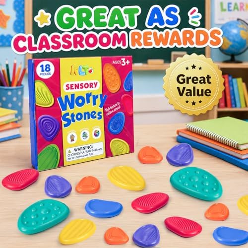 Fidget Toys Sensory Stone for Kids: 18 Pack Bulk Textured Worry Stone for Autism Calming - Quiet Fidgets for Classroom Students Prizes - Small Goodie Bags for Back to School Supplies Gifts
