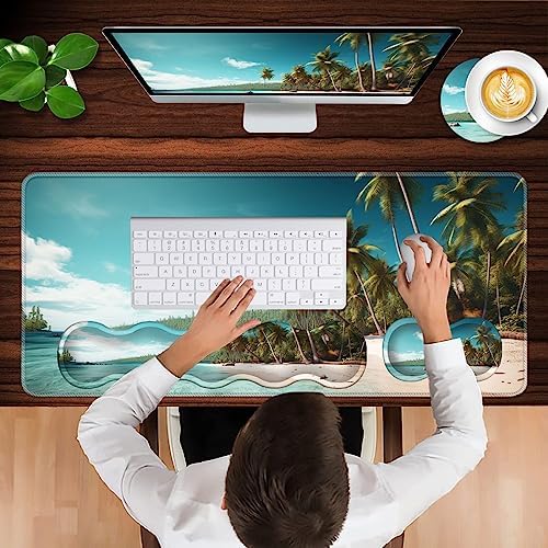 Keyboard Wrist Rest and Mouse Pad with Wrist Support Set Ergonomic Coaster,Memory Foam,Easy Typing Pain Relief,Large XL Desk Mat 31.5"x 11.8",Beach and Coconut Trees Design