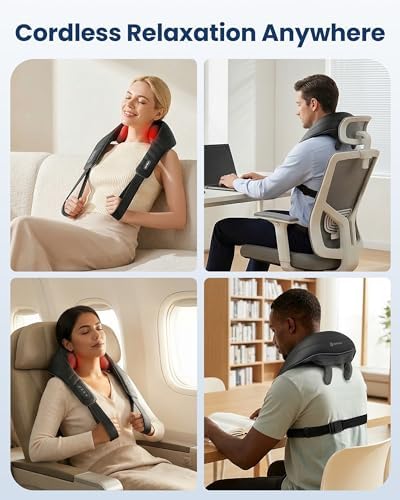 COMFIER Hands-Free Neck and Shoulder Massager with Heat, Cordless 4D Shiatsu Deep Kneading Massager, Rechargeable Upper Back & Trapezius Massage for Home, Office, Housework，Black