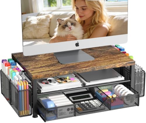 OPNICE Desk Organizers and Accessories, Computer Monitor Stand Riser with Drawer and 2 Pen Holders, Printer & Laptop Stand, Office Desk Accessories & Workspace Organizers for Home Office Supplies, Wood Brown