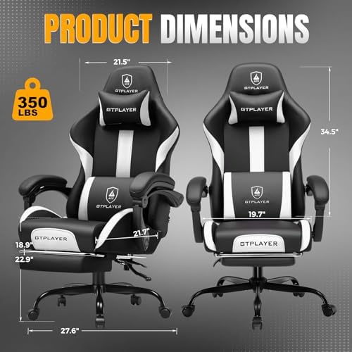 GTPLAYER Gaming Chair with Pocket Spring Cushion, Leather Office Chair with Ergonomic High Back & Lumbar Support for Back Pain Relief, Computer Game Chair for Adults, White/Black