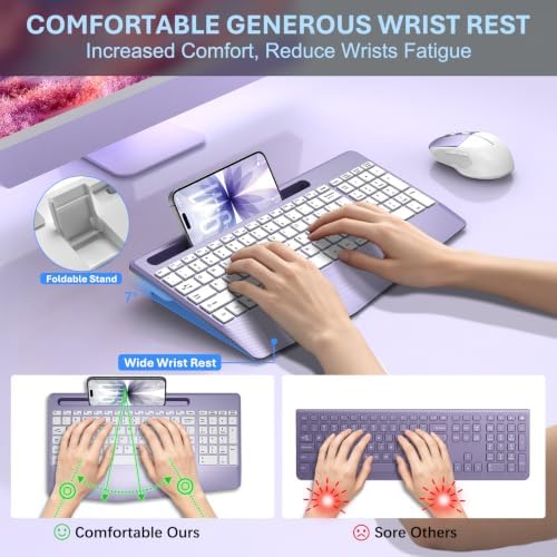 Rechargeable Silent Wireless Keyboard and Mouse Combo, Ergonomic Wrist Rest & Phone Tablet Holder, USB-C Adapter Included, 2.4G Lag-Free Cordless Set for Windows Mac Laptop PC Home Office (Purple)