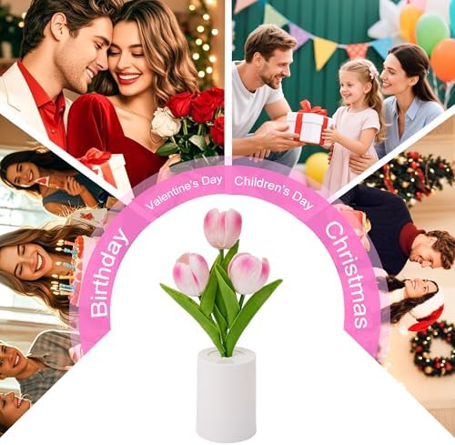 Artificial Pink Tulip Lamp, Bedroom Decor Light Birthday Gifts for Women
