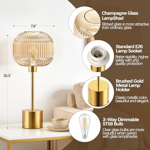 QiMH Glass Table Lamp for Living Room, Modern Bedside Lamp with Champagne Ribbed Glass Shade, 3-Way Dimmable Touch Control Nightstand Lamp for Bedroom, Brushed Gold (2700K LED Bulb Included)