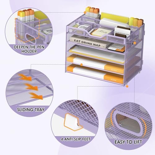 5 Tier Paper Letter Tray Desk Organizer with Pen Holders - Purple