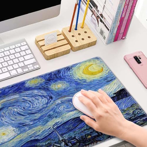 Gaming Mouse Pad, Large Non-Slip Rubber Base Mousepad, Keyboard Mouse Mat, Desk Pad with Stitched Edges, 31.5x11.8inch, Vincent Van Gogh - The Starry Night