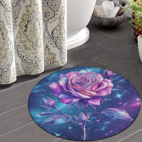 Home Decor Non Slip Kitchen Office Circle Rug, Machine Washable Modern Round Area Rug, Room Sofa Yoga Soft Round Carpet Space Galaxy Flower Glitter Rose Art, 36inch
