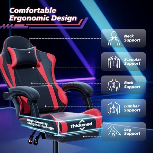 Magshion Gaming Chair for Adults, Ergonomic Computer Chair with Linkage Armrests, Height Adjustable Gamer Chair with Footrest and Headrest for Home Office, 350 Lbs Capacity, Red