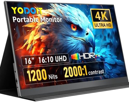 Yodoit 4K Portable Monitor, 16" 3840×2400 UHD IPS Travel Screen 1200nit Sunlight-Readable with 145% sRGB, 2000:1 Contrast for Photo Editing Outdoor Work Compatible with Laptop PC Mac PS5 Black