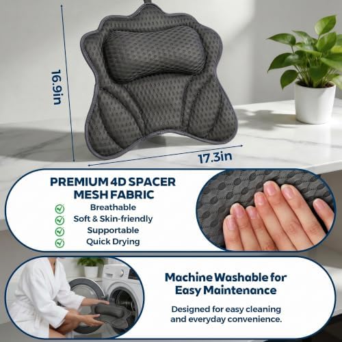 Bath Pillow for Tub,Bathtub Pillow with Thick Neck Cushion,Soft Tub Pillow for Head,Neck,Shoulder and Upper Back Support,Hot Tub and Spa,Dark Black