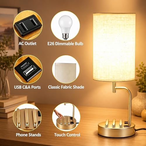 Dreamholder Touch Control USB Table Lamp with USB C/A & AC Outlet, 3-Way Dimmable Bedside Lamp, Modern Nightstand Lamps for Bedroom Living Room Guest Room Office, Bulb Included, Gold