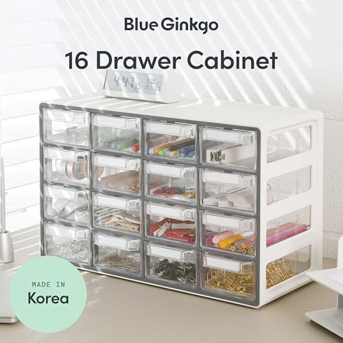 Blue Ginkgo 16-Drawer Storage Cabinet Organizer, Grey, Made in Korea