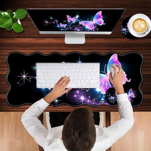 Mouse Pad with Wrist Support + Desk Mat + Coaster 3 in 1 Set, XL Large Gaming Mousepad Ergonomic Mouse Pads for Desk Computer Laptop Office,Glowing Night Pink Butterflies