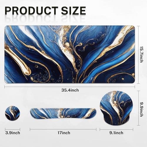 Britimes Keyboard Mouse Pad Set, 4 in 1 Desk Mat Set, Marble Blue