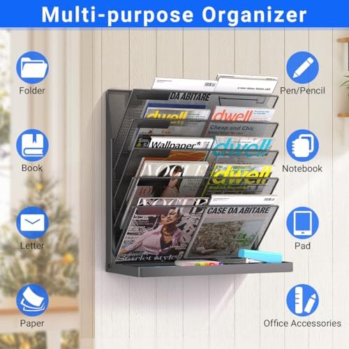 Legal/Letter Size 6 Tier Wall File Organizer,2-in-1 Wall Mounted&Desktop File Holder,2 Installation Methods Screws & Adhesive,Mesh Document Organizer with Label Plate for Home Office