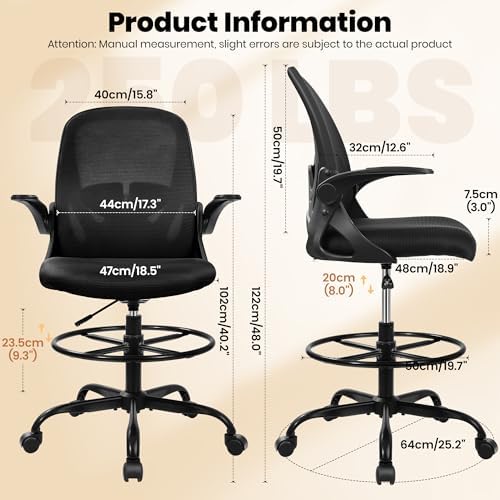 Primy Drafting Chair Tall Office Chair with Flip-up Armrests Executive Ergonomic Computer Standing Desk Chair with Lumbar Support and Adjustable Footrest Ring (Black) (Pack of 2)