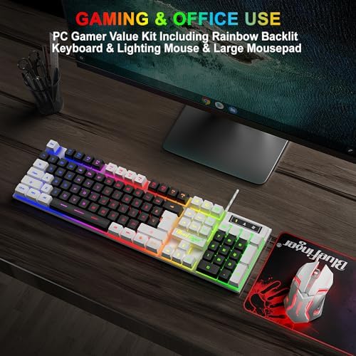 BlueFinger RGB Gaming Keyboard and Backlit Mouse Combo, USB Wired, LED Gaming Set for Laptop PC Computer Game and Work (White & Black)