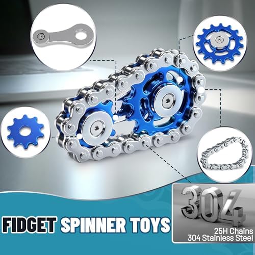 Metal Fidget Spinner Toys for Teens Boys Adults Bike Chain Roller Gadgets ADHD Figette Anxiety Stress Relief Items Quiet Figet Desk Offices EDC Men Easter Basket Stuffer - Blue
