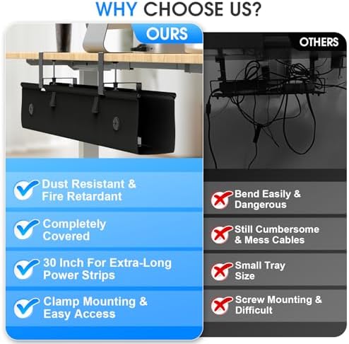Under Desk Cable Management Tray, 40-inch No-Drill Cord Organizer with Anti-Sag Reinforced Base, Fabric Wire Management Hider for Standing Desk, Office & Gaming Accessories - Black