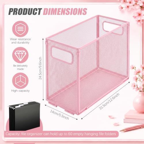 Zhengmy 3 Pcs Hanging File Organizer Letter Size File Holder Metal Mesh Filing Box Desktop Folder Letter Storage Cabinets Magazine Holder with Handles for Home Office School Document (Pink)