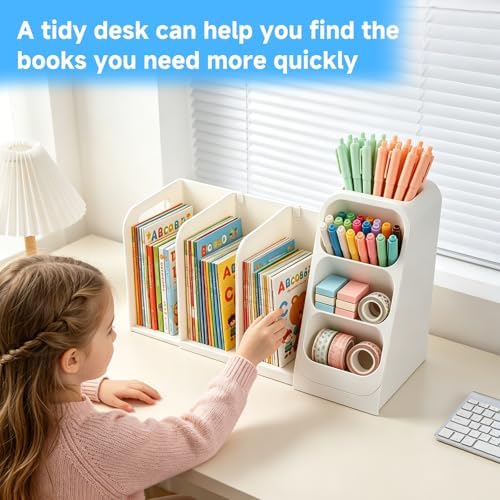 Multifunctional & Retractable Office Desk Organizer and Bookshelf, Small Space Desk Organizer with Magazine File Holder and Pen Holder,Desk Accessories & Workspace Organizers Office Supplies