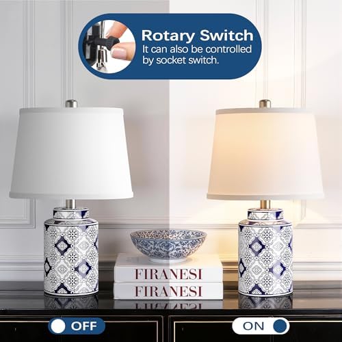 Bedside Lamps Set of 2，Blue and White Ceramic Table Lamps for Living Room