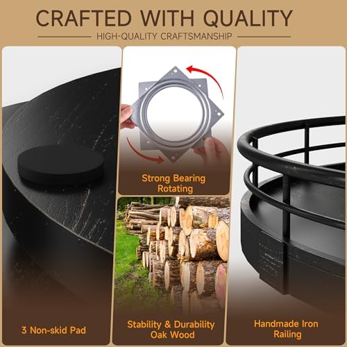 AMH 13-Inch Oak Lazy Susan Vanity Tray with Black Brushed Gold Finish Rail