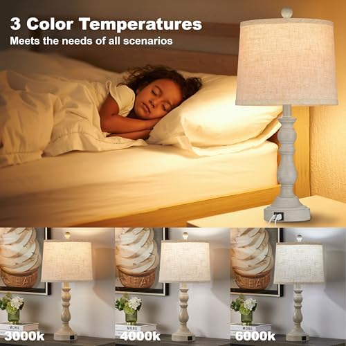 23'' Table Lamps Set of 2, Lamps for Bedroom, USB C+A Ports, Beige